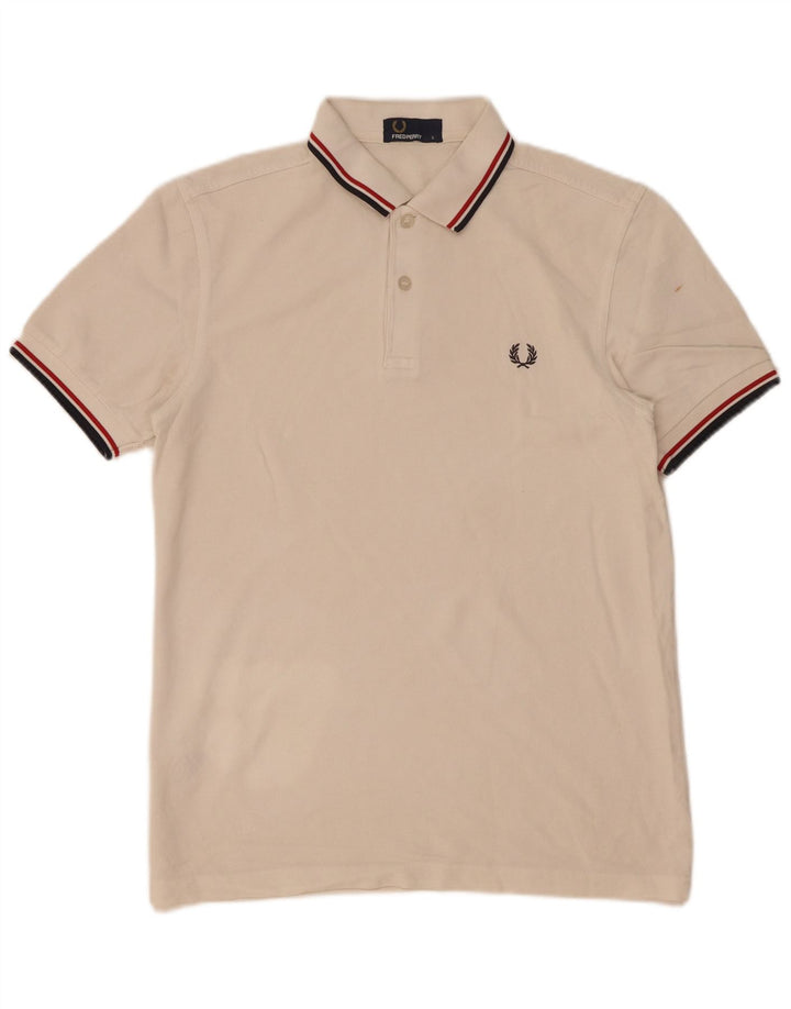 Camisa polo masculina Fred Perry pequena listrada branca de algodão