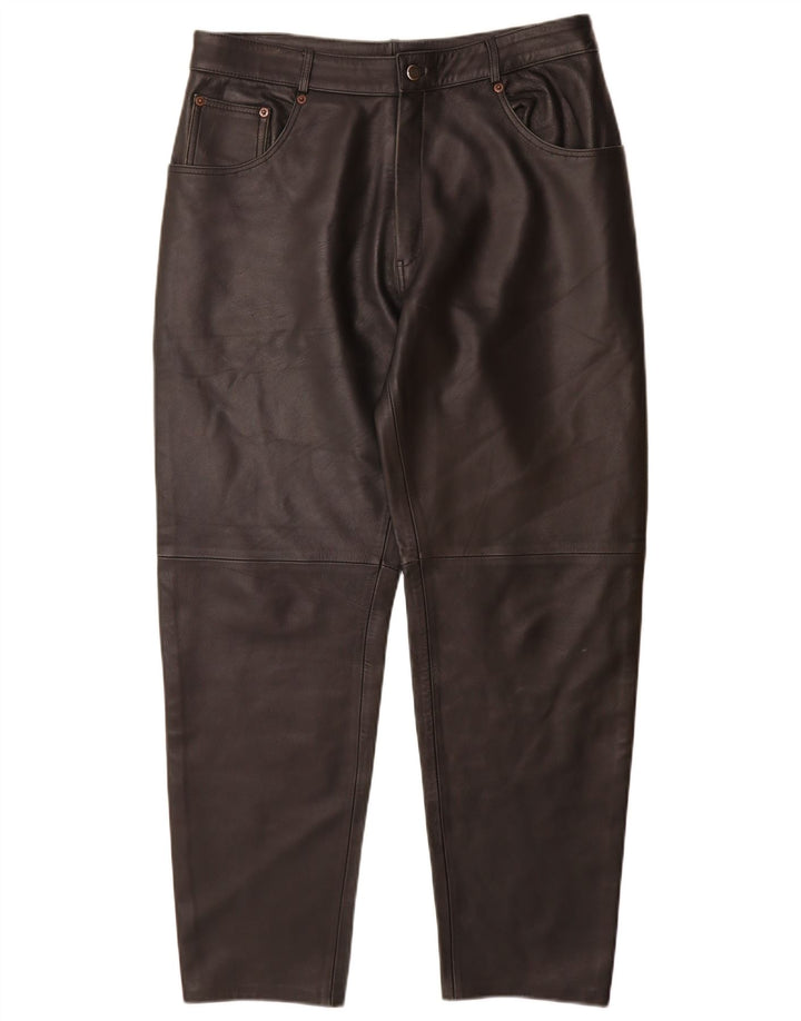 Calça feminina vintage de couro cônico IT 44 médio W32 L29 preta