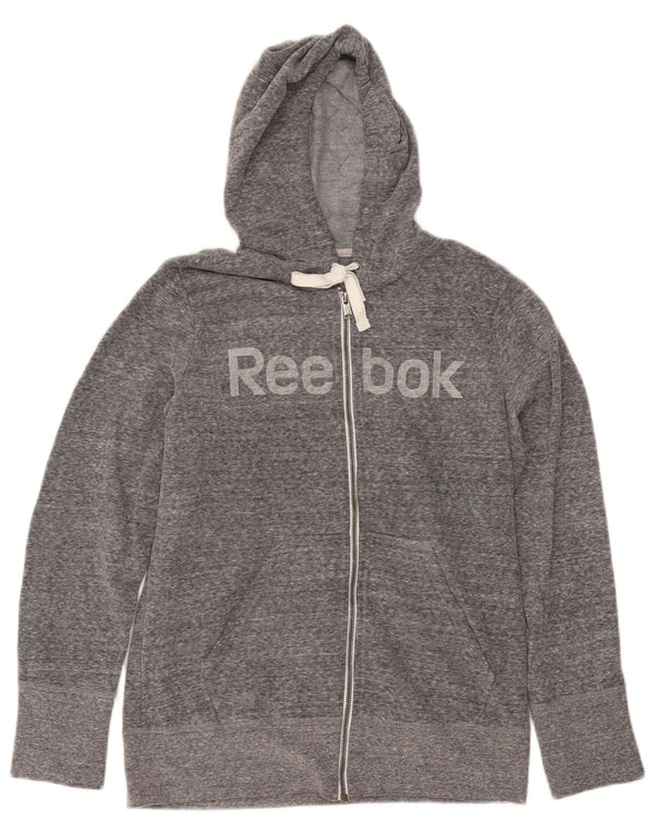 Suéter Reebok feminino com capuz e zíper gráfico UK 14 grande algodão manchado cinza