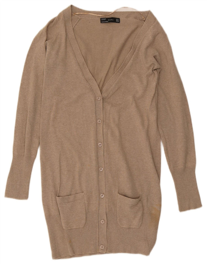 Suéter cardigã feminino Zara Longline Reino Unido 12 algodão bege médio