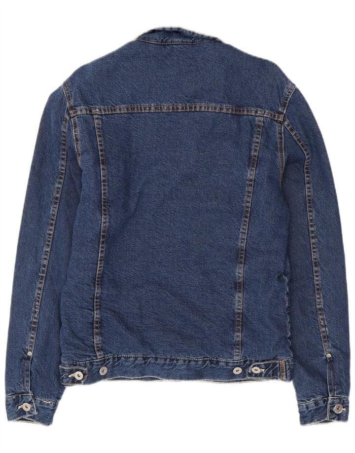 Jaqueta jeans masculina Sherpa ZARA Reino Unido 40 grande algodão azul marinho