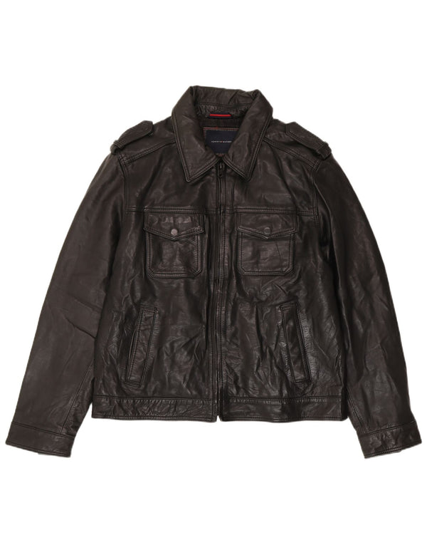 Tommy Hilfiger Mens Military Leather Jacket UK 40 Large Black