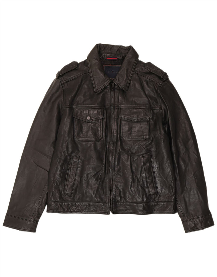 Jaqueta de couro militar masculina Tommy Hilfiger Reino Unido 40 grande preta