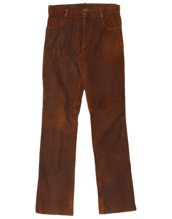 Calças de couro retas femininas vintage W30 L35 marrom