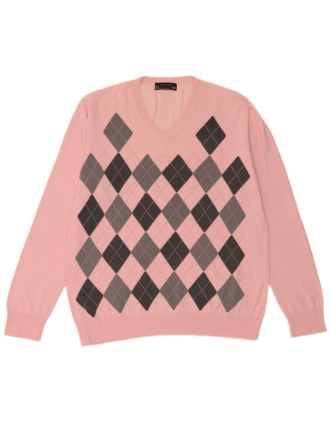 Zara Suéter masculino com decote em V grande rosa Argyle/algodão diamante