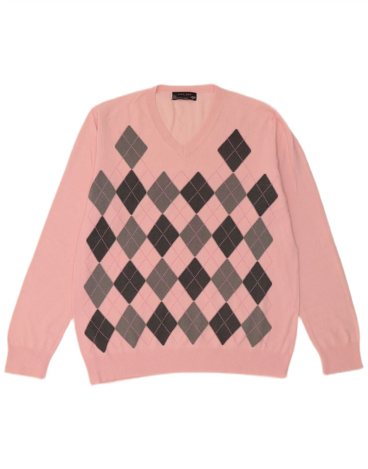 Zara Suéter masculino com decote em V grande rosa Argyle/algodão diamante