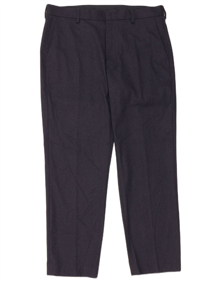 Calça masculina de terno reto Marks & Spencer W34 L29 poliéster azul marinho