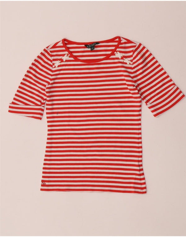 Camiseta feminina Ralph Lauren UK 12 algodão listrado vermelho médio náutico