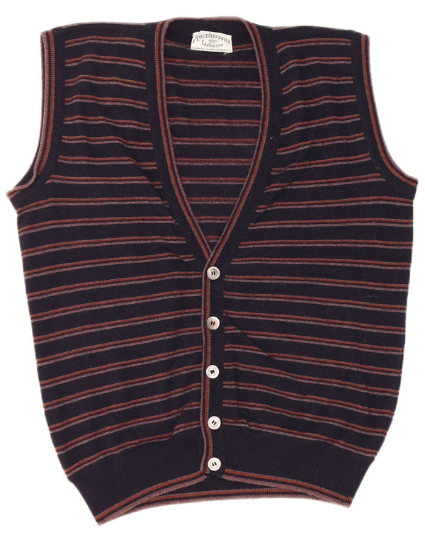 Suéter cardigã masculino vintage sem mangas IT 52 grande seda listrada azul marinho