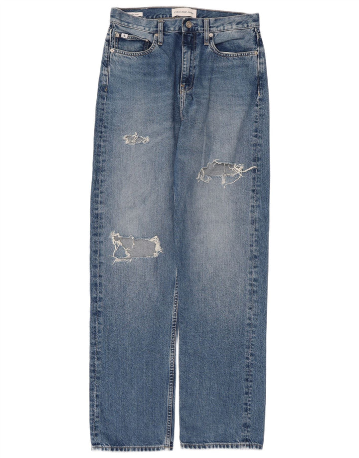 Calça jeans feminina CALVIN KLEIN cintura alta desgastada reta W30 L32 azul