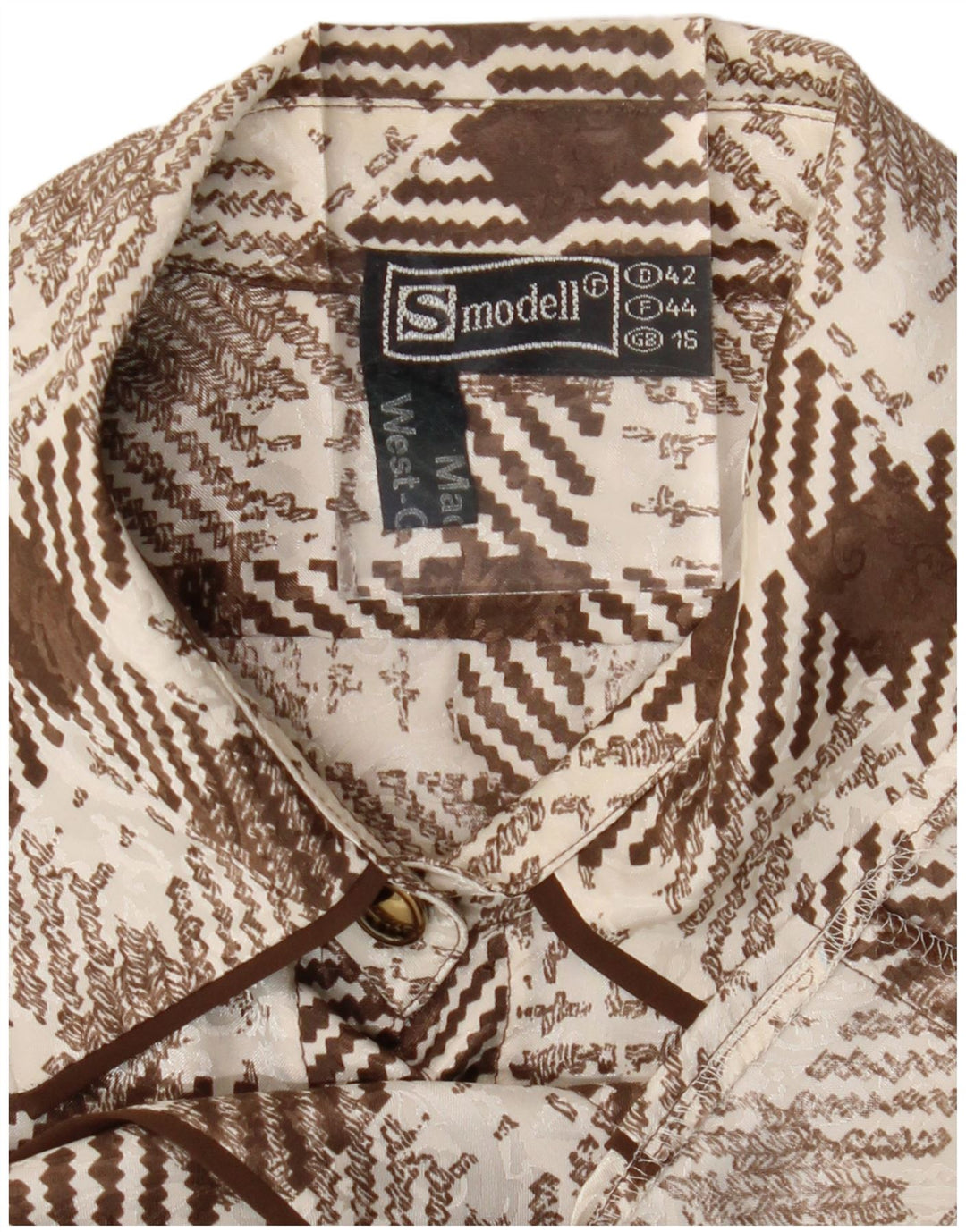 Camisa feminina vintage de ajuste regular Reino Unido 16 grande marrom houndstooth retrô