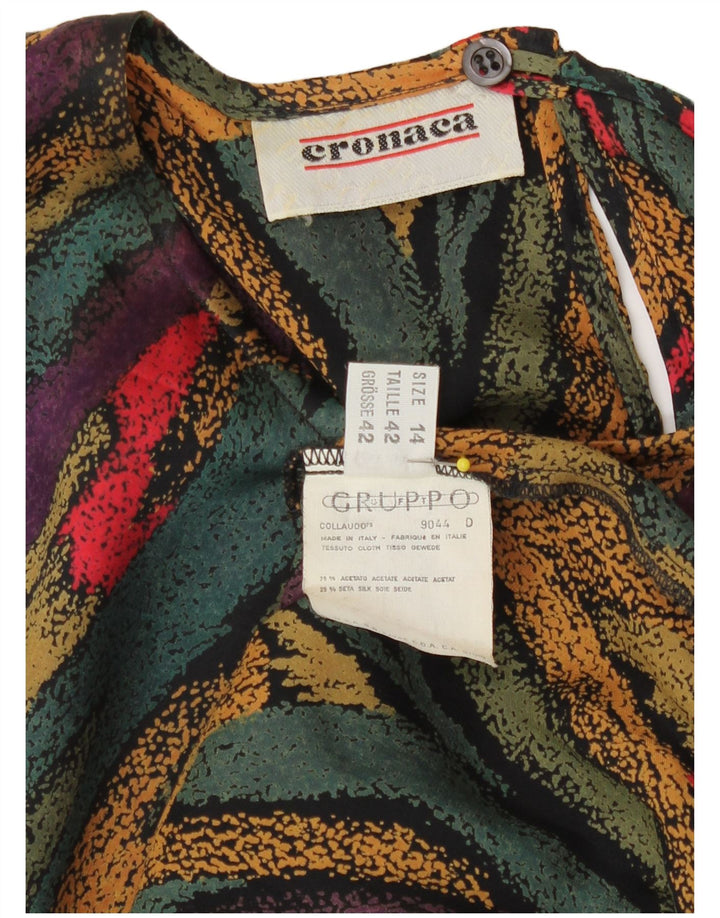 Blusa feminina vintage com padrão abstrato UK 14 grande multicolorida