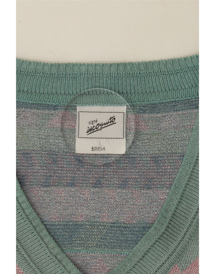 INCOGNITO Mens V-Neck Jumper Sweater IT 52/54 Large Green Geometric Cotton Vintage Incognito and Second-Hand Incognito from Messina Hembry 