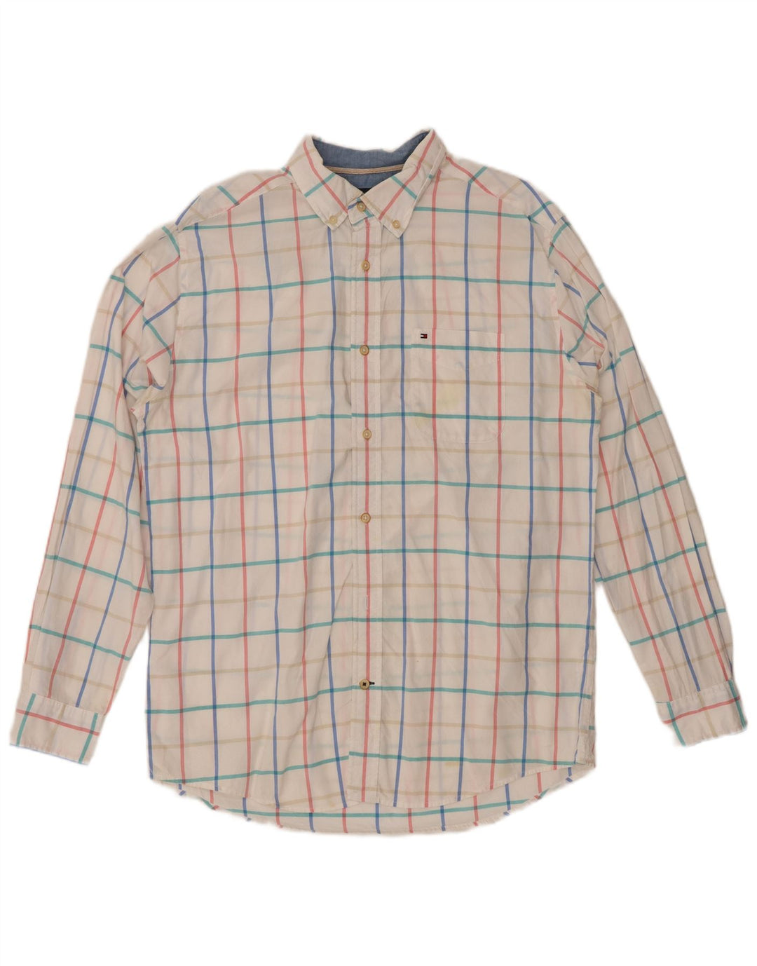 TOMMY HILFIGER Camisa masculina clássica de ajuste médio branco xadrez algodão
