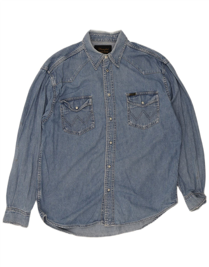 Wrangler Camisa jeans masculina ocidental grande algodão azul