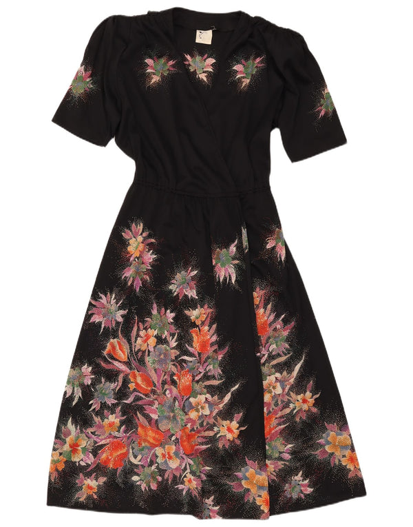 Vestido feminino chique transparente UK 12 médio preto floral