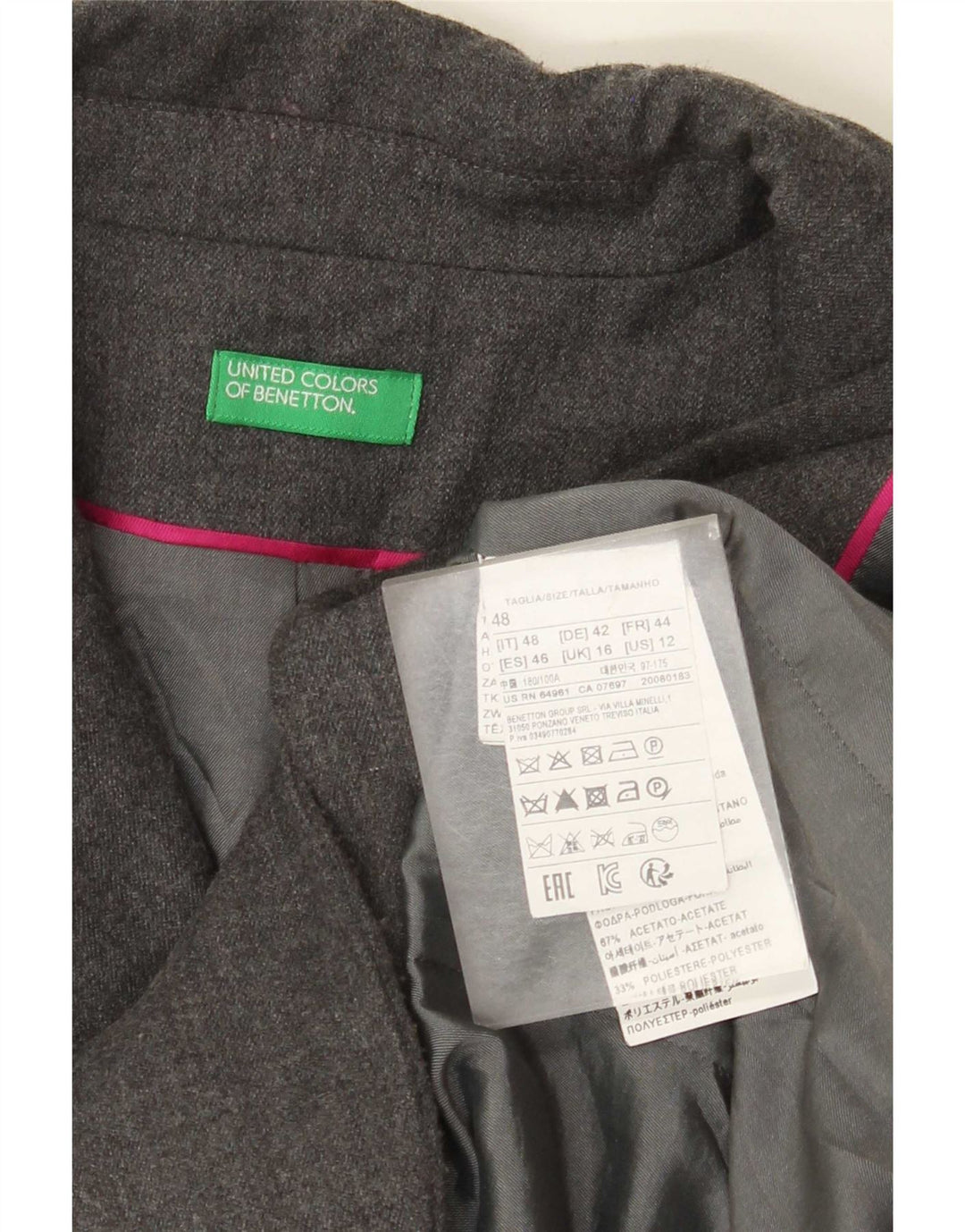 Jaqueta blazer feminina Benetton com 2 botões Reino Unido 16 grande lã cinza