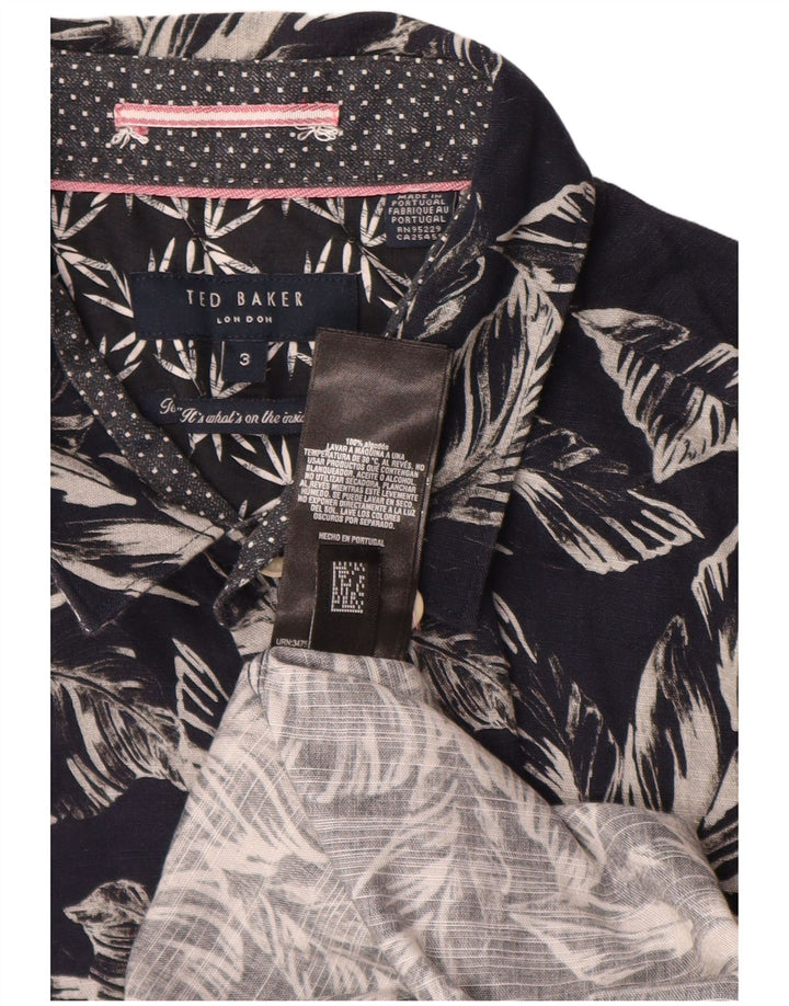 Camisa masculina de manga curta Ted Baker tamanho 3 algodão floral azul marinho médio