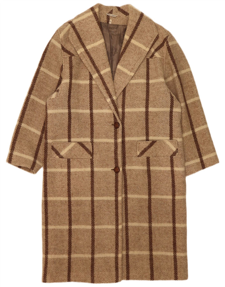 Casaco Feminino Vintage Oversized Reino Unido 14 Médio Bege Xadrez Lã