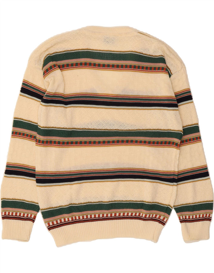 MAGLIERIA Mens V-Neck Jumper Sweater Large Beige Striped Cotton Vintage Maglieria and Second-Hand Maglieria from Messina Hembry 