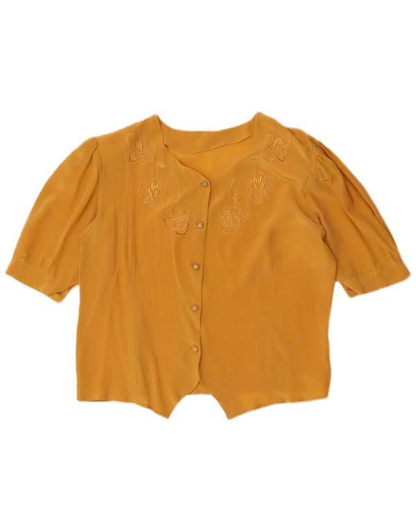 Blusa feminina vintage manga curta cropped UK 12 floral amarelo médio