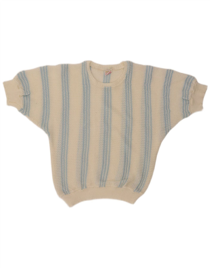 Suéter feminino VINTAGE com gola canoa e listrado branco médio UK 12