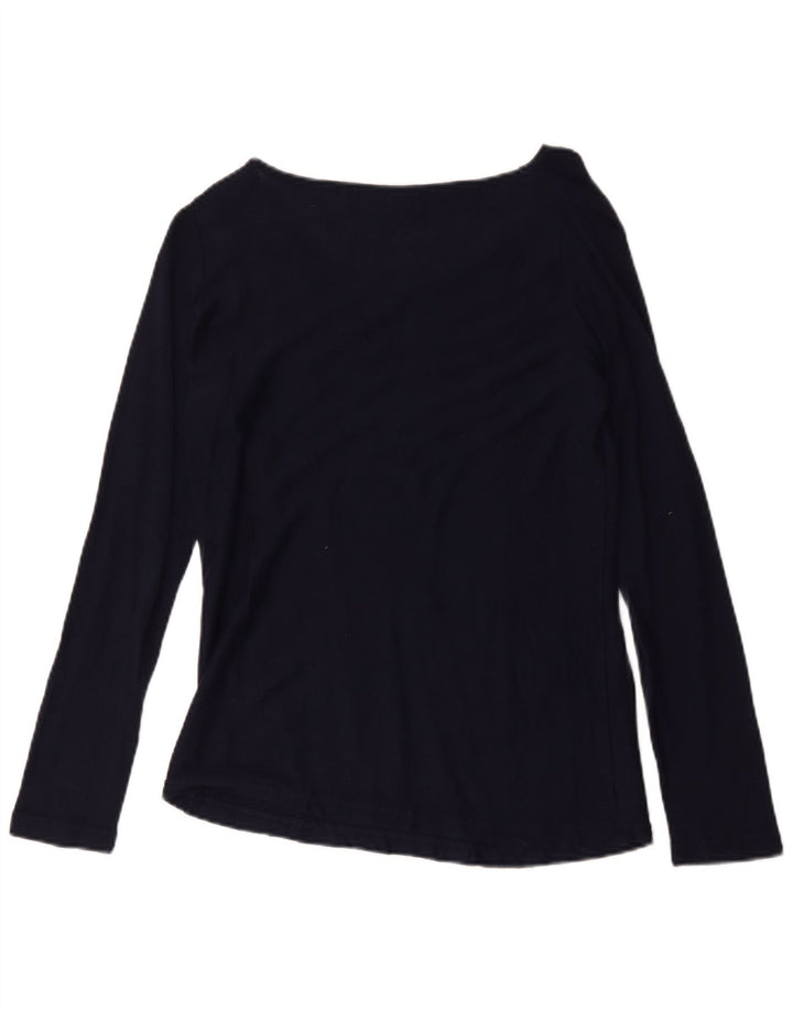 Top feminino Zara manga comprida UK 12 algodão azul marinho médio
