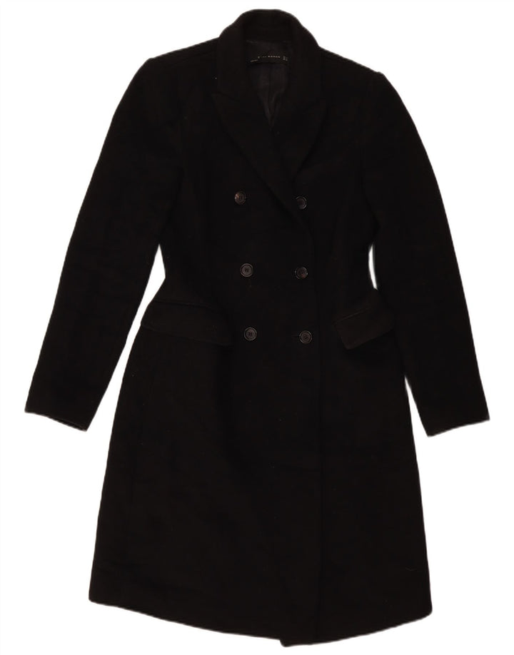 Casaco feminino Zara com peito duplo UK 10 pequeno poliéster preto