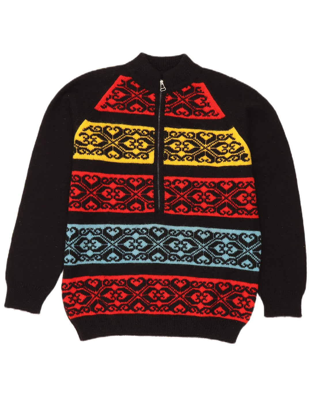 Suéter masculino vintage com zíper e gola média preto justo Fair Isle