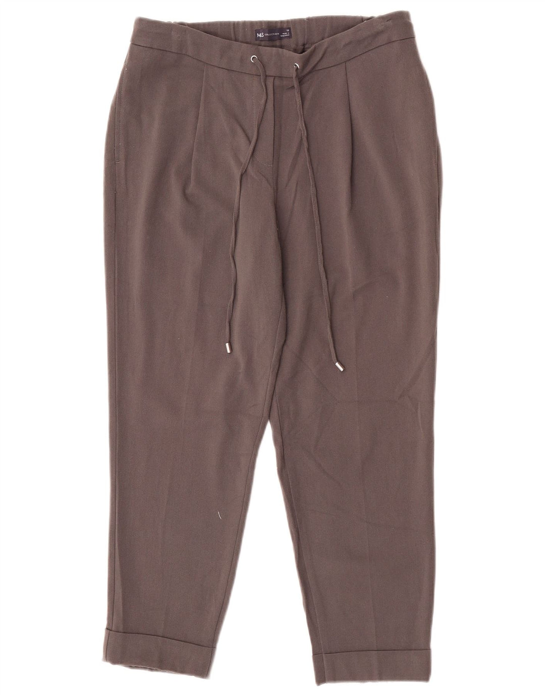 Calças cortadas femininas Marks & Spencer UK 12 médio W30 L25 poliéster cinza