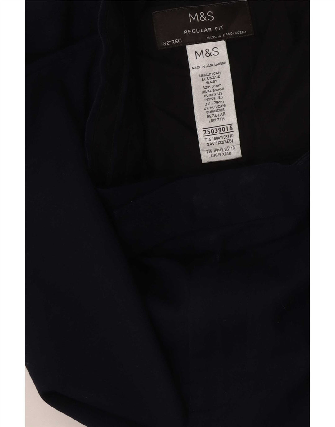 Calça masculina de ajuste regular Marks & Spencer W32 L31 azul marinho poliéster