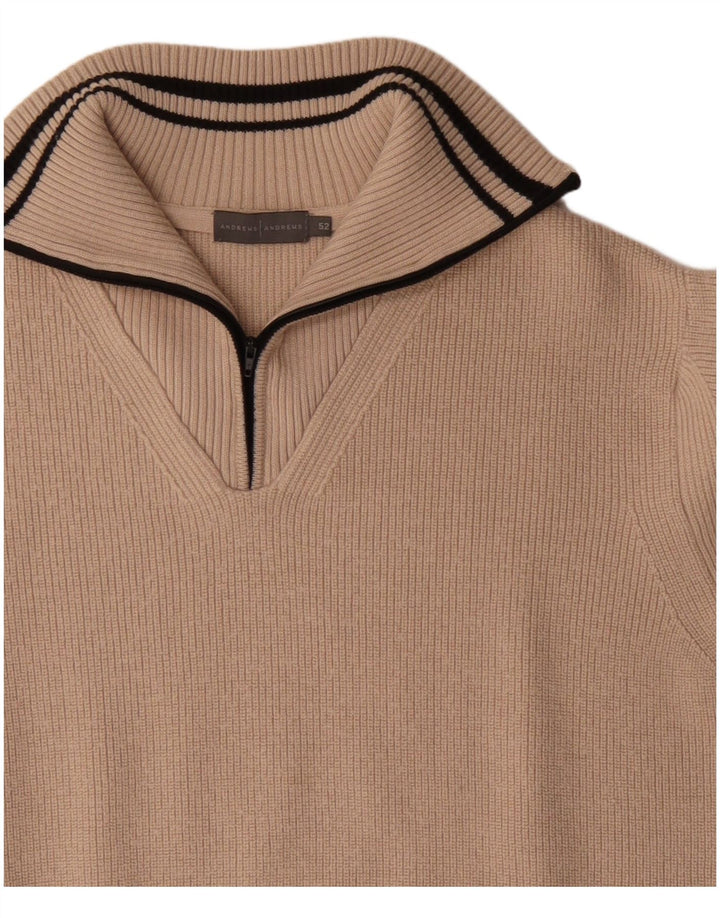 Suéter masculino VINTAGE com decote em zíper IT 52 grande lã merino bege