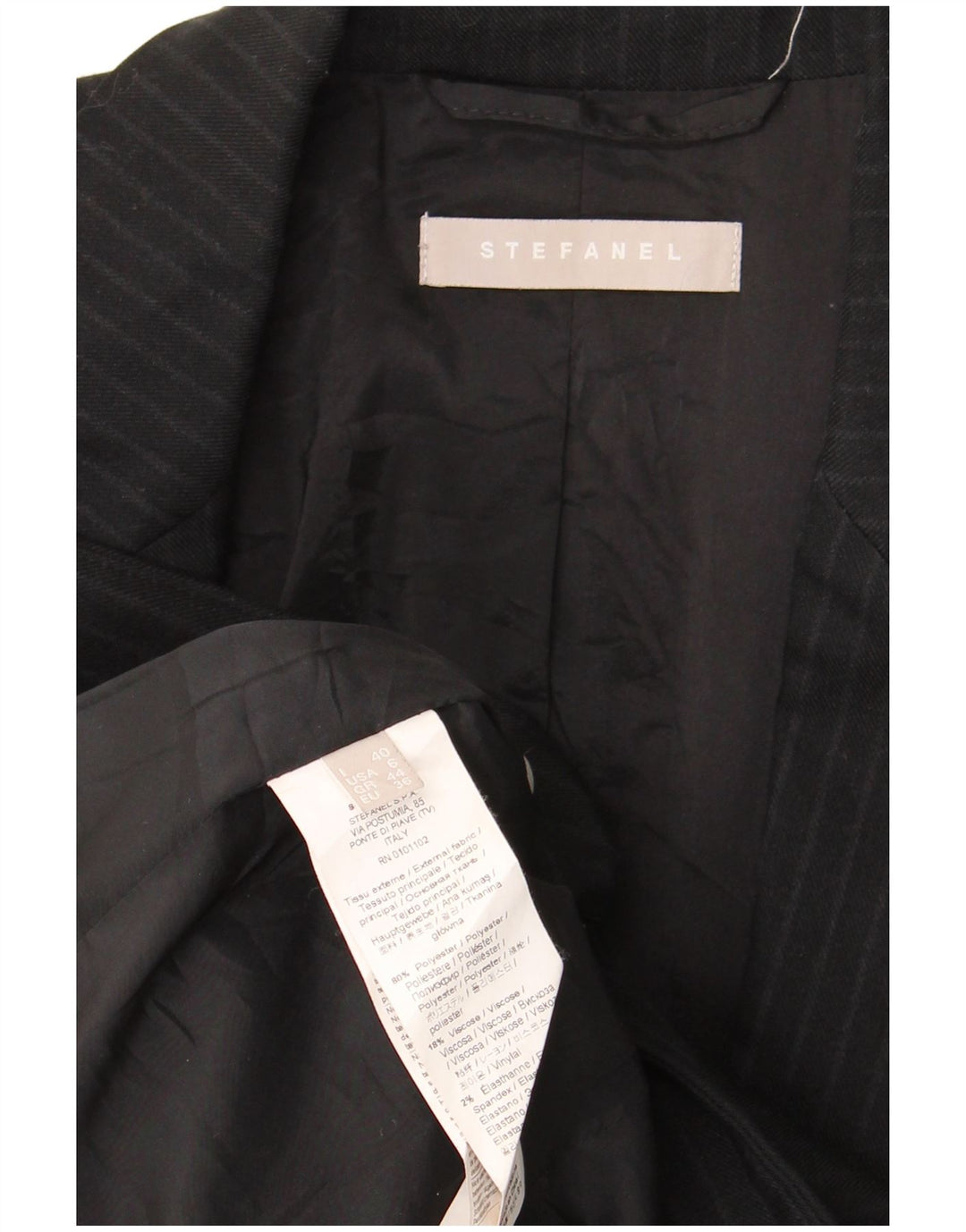 Stefanel feminino 1 botão 2 peças terno IT 40 pequeno W28 L28 risca de giz preta
