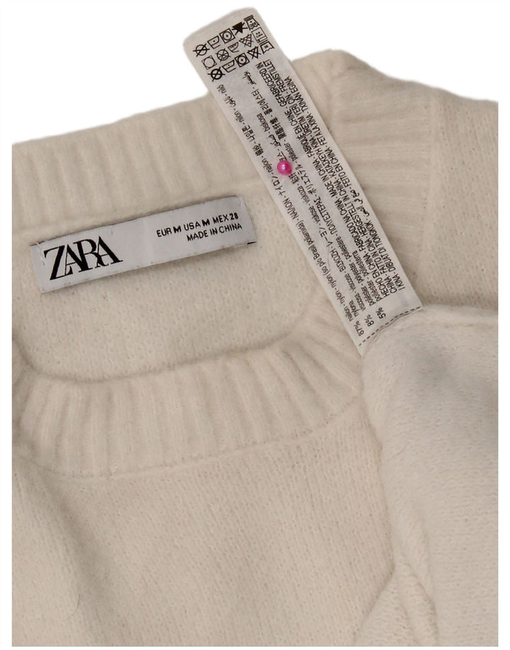 Suéter feminino Zara com gola redonda e gola redonda, Reino Unido 14, médio, branco, nylon