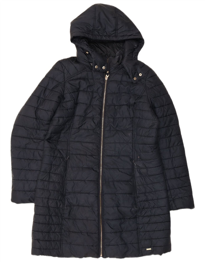 Casaco acolchoado com capuz feminino Joules UK 16 grande poliéster azul marinho