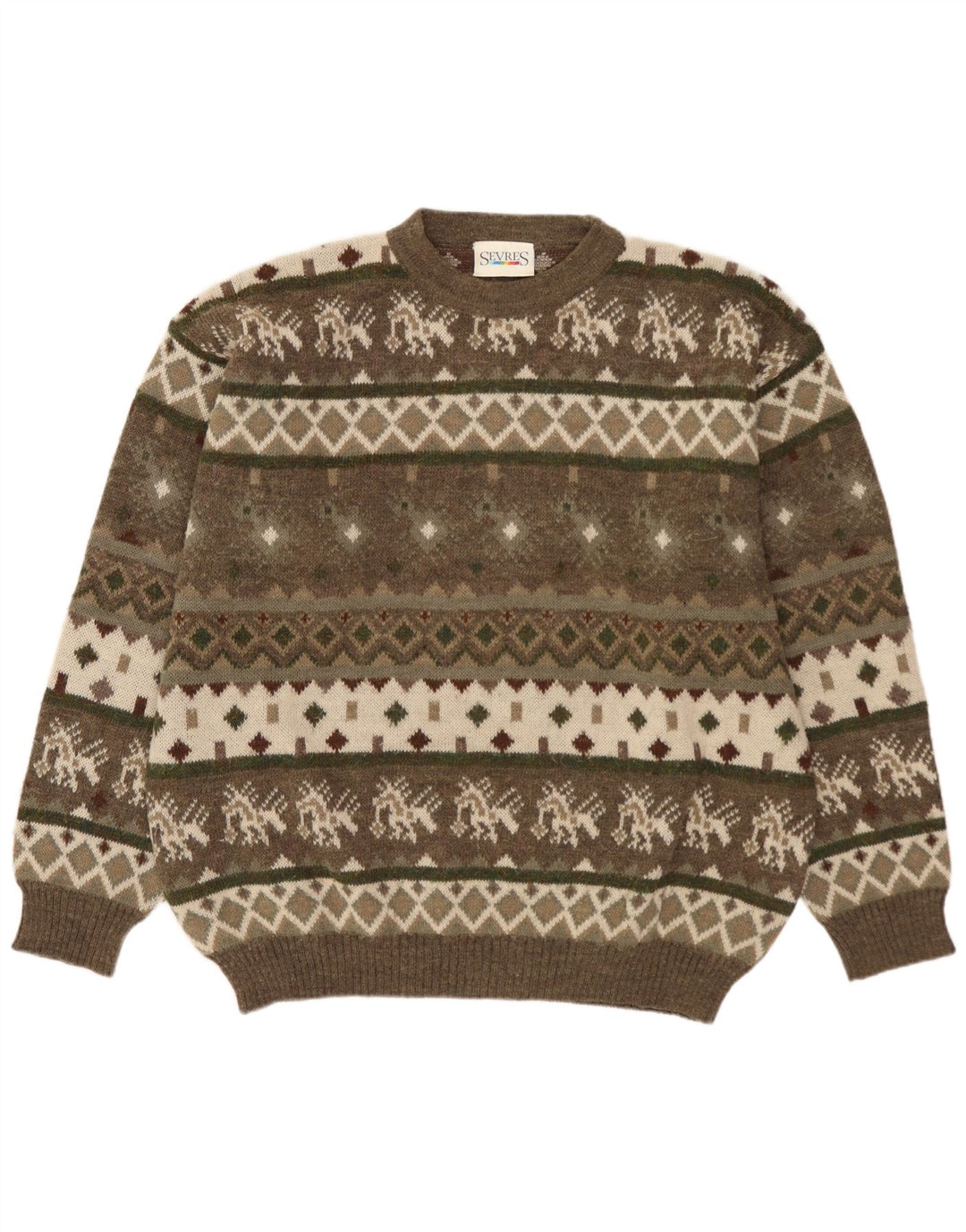 Suéter masculino SEVRES com gola redonda IT 52 grande cáqui lã Fair Isle