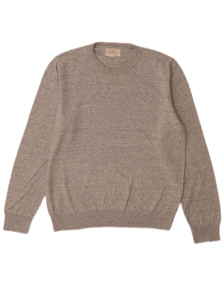 Suéter masculino Marks & Spencer com gola redonda, grande algodão manchado cinza