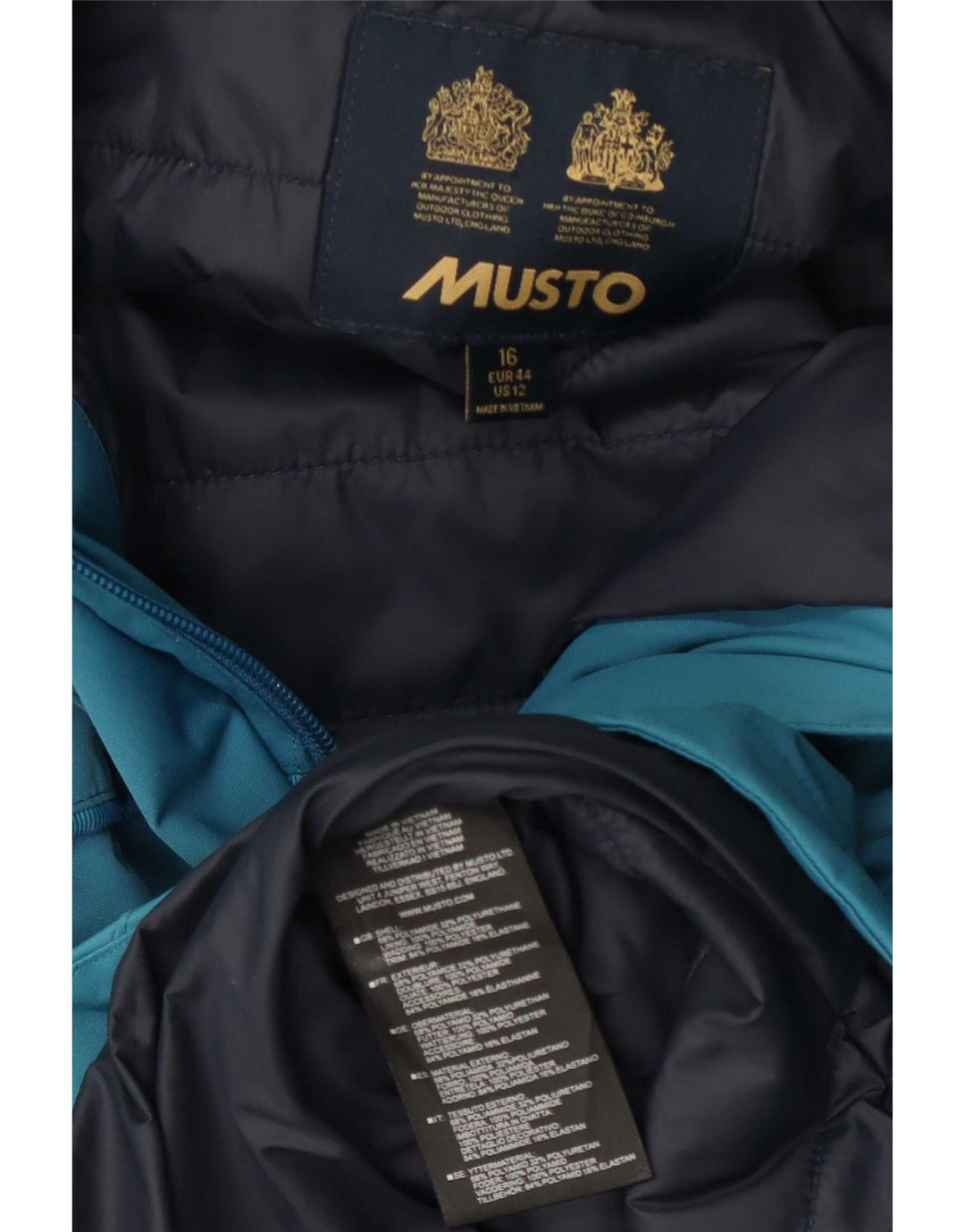 Jaqueta corta-vento feminina com capuz gráfico Musto Reino Unido 16 grande azul poliamida