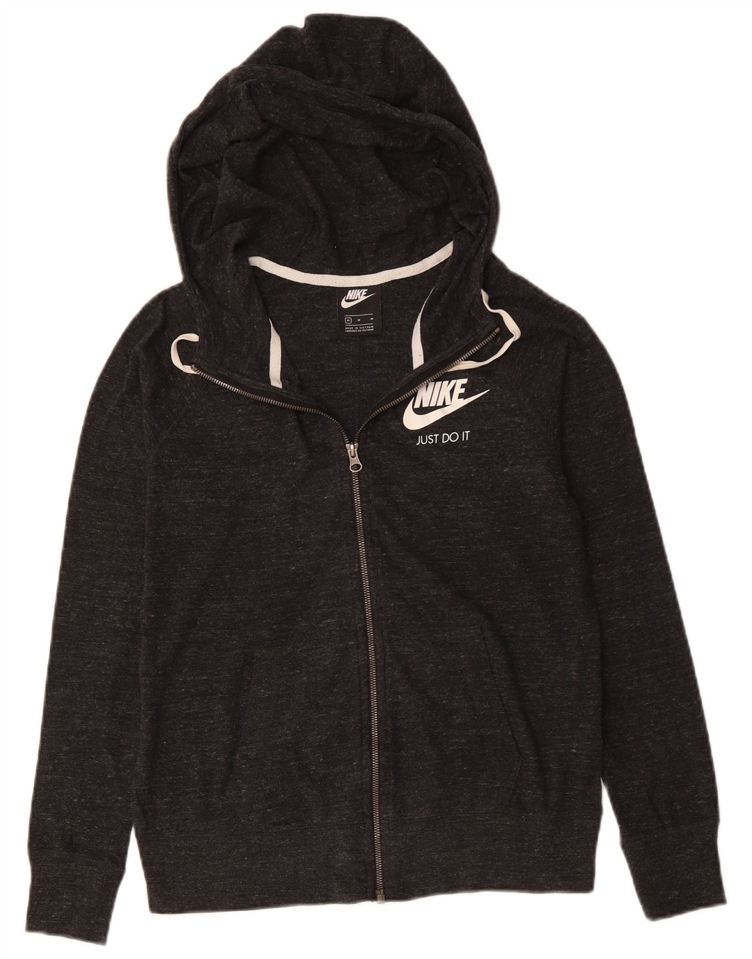 Suéter Nike feminino com capuz e zíper UK 14 algodão manchado cinza médio
