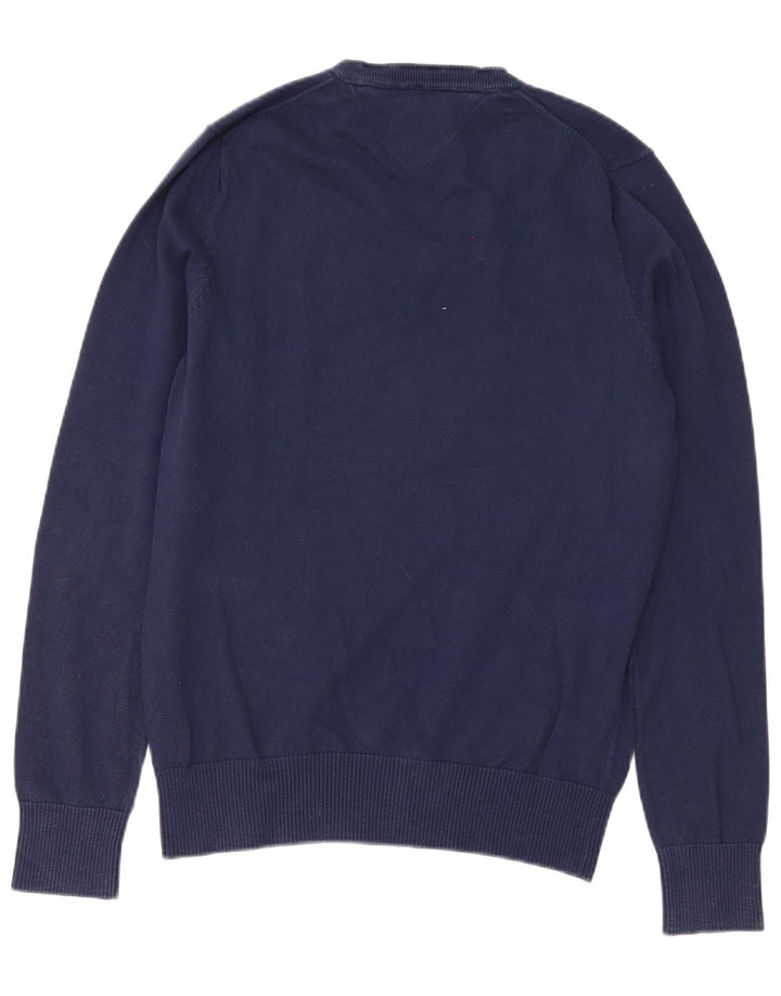 Tommy Hilfiger Suéter masculino com decote em V médio algodão azul marinho