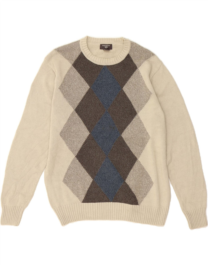 DOCKERS Mens Crew Neck Jumper Sweater Medium Beige Argyle/Diamond Cotton Vintage Dockers and Second-Hand Dockers from Messina Hembry 