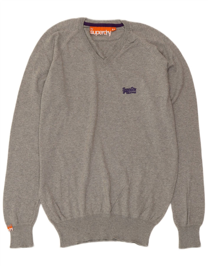 Suéter masculino SUPERDRY com decote em V de algodão cinza médio