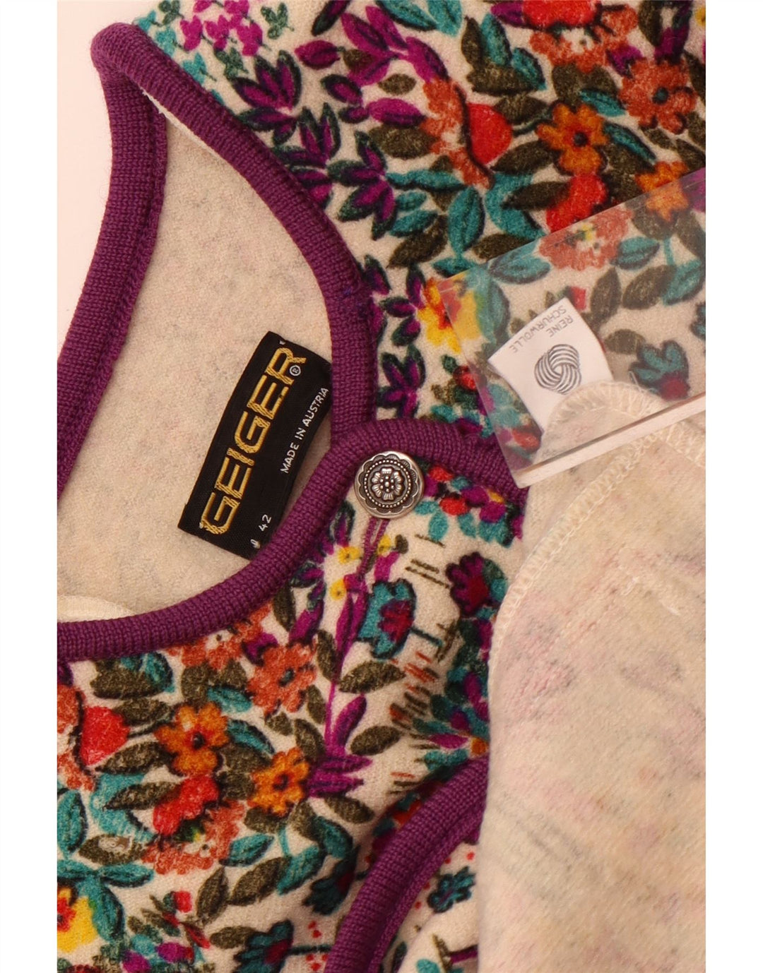 Suéter cardigã feminino Geiger EU 42 grande multicolorido floral de lã nova