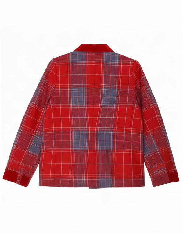 Blazer feminino vintage manga 3/4 com 3 botões Reino Unido 16 xadrez vermelho grande