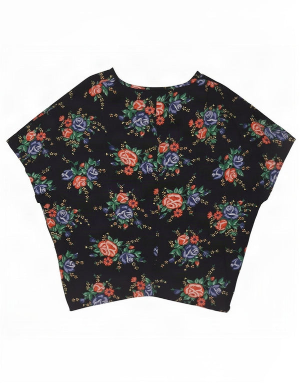 Blusa feminina vintage Batwing Top Reino Unido 16 grande azul marinho floral