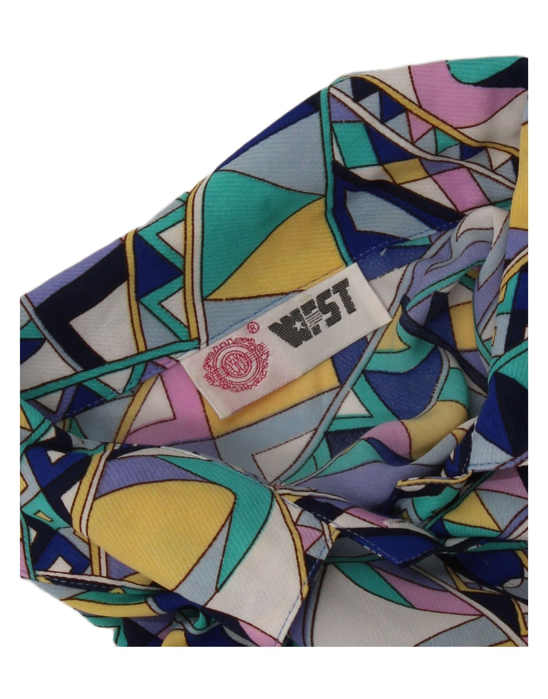 Camisa feminina vintage de manga curta UK 16 grande geométrica multicolorida