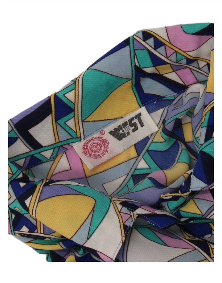 Camisa feminina vintage de manga curta UK 16 grande geométrica multicolorida