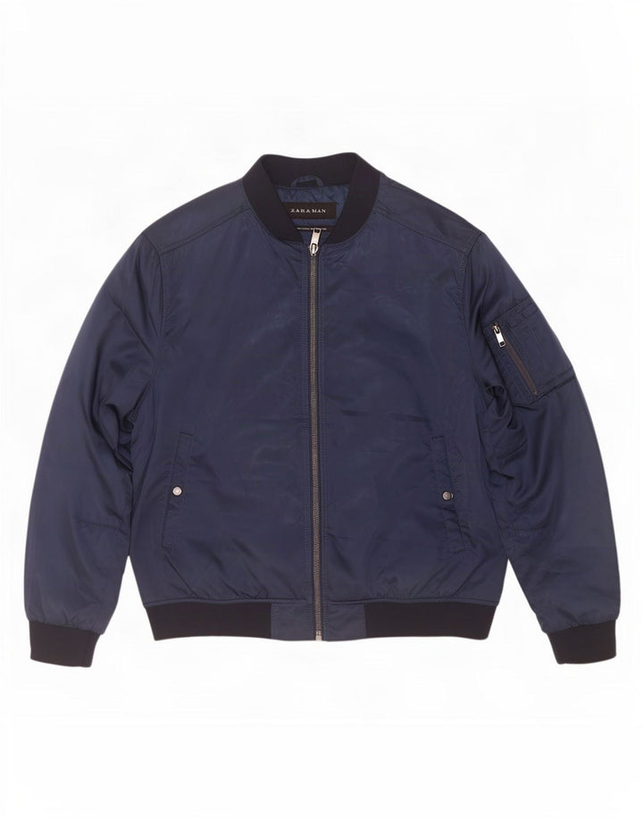 Jaqueta bomber masculina Zara UK 44 2XL poliéster colorblock azul marinho
