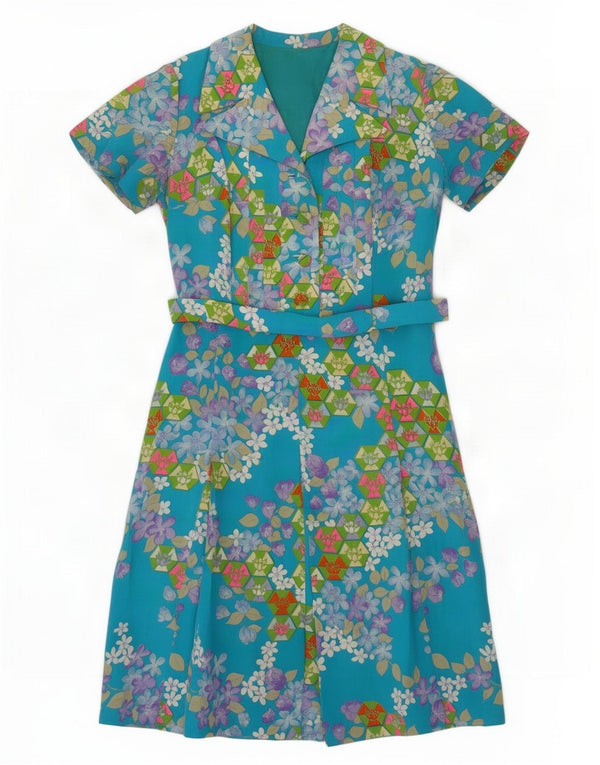 Vestido camisa feminino vintage de mangas curtas Reino Unido 18 grande azul floral