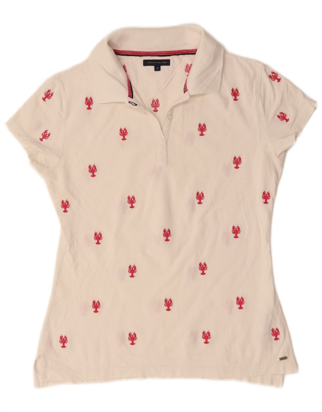 Camisa polo feminina Tommy Hilfiger com padrão abstrato Reino Unido 12 algodão branco médio